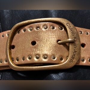 Vintage Calvin Klein Genuine Leather Gold Belt with Brass Buckle.